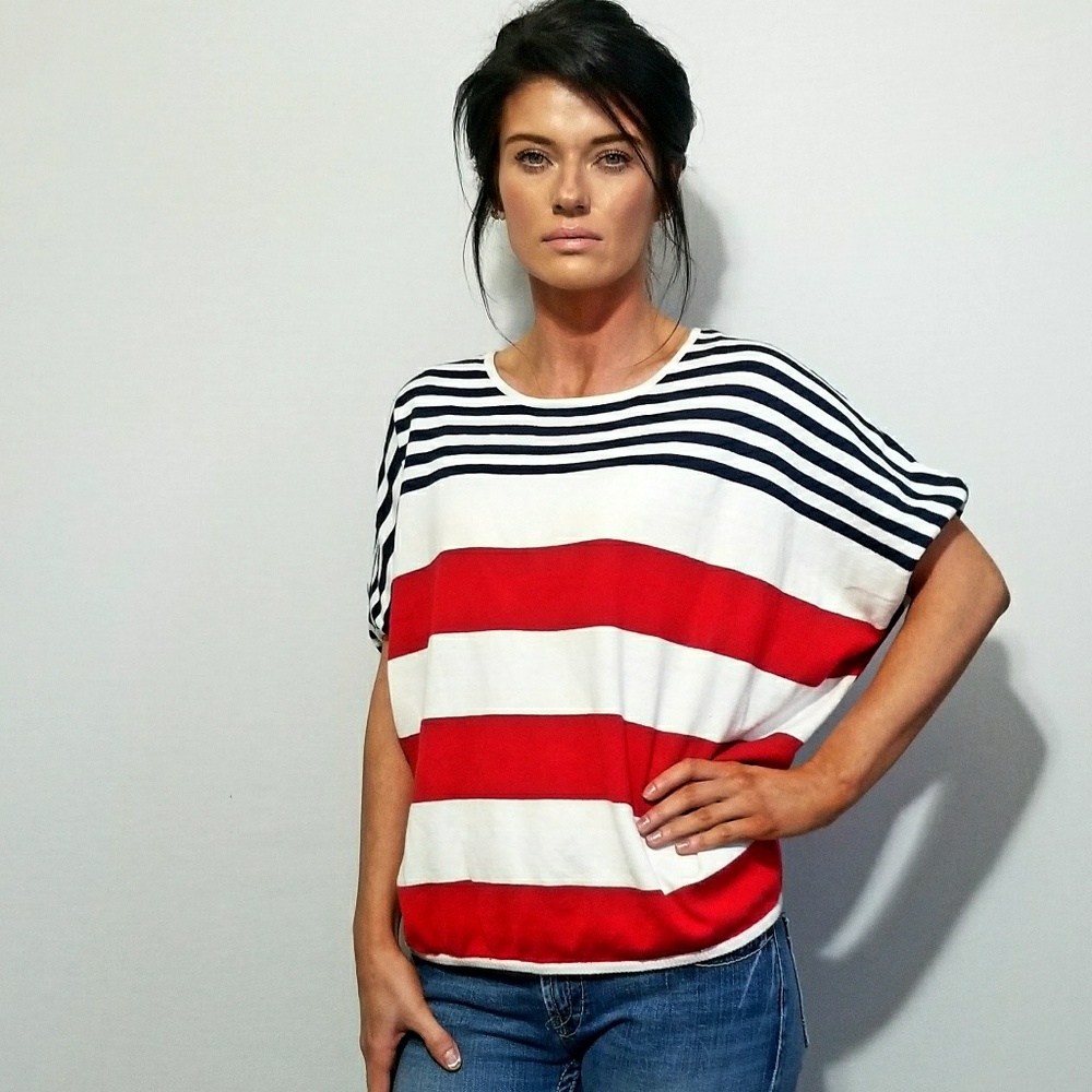 Forever 21 Red & Navy Striped Knit Top (Size: S)